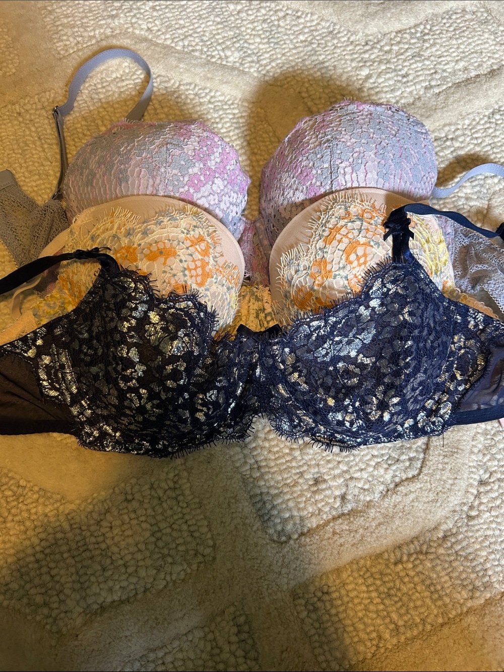 Victoria's Secret Navy Lace & Pastel Floral Bra Trio